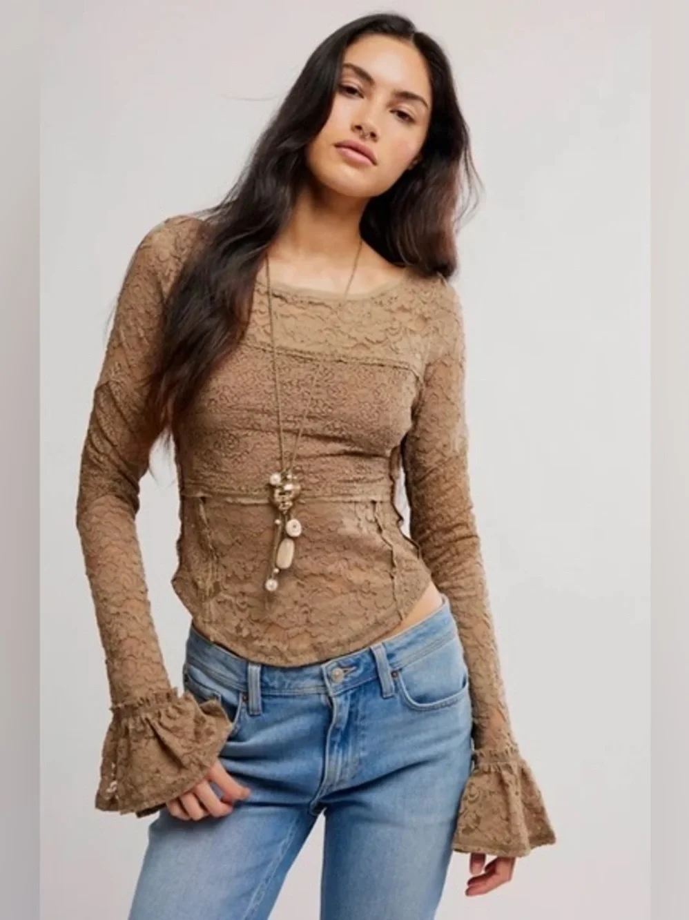 Free People Lace Layering Long Sleeve in Dutch Cocoa